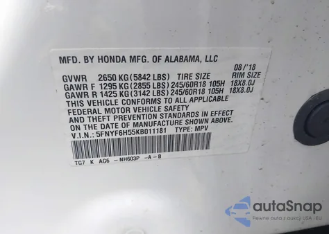 2019 Honda Pilot Ex-L из США, поврежденный, VIN 5FNYF6H55KB011181